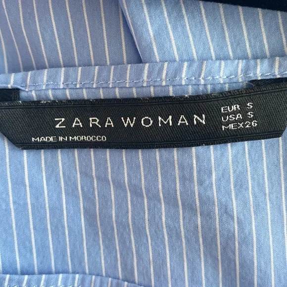 Zara Sky Blue White Stripe Off Shoulder Floral Rose Embroidery Poplin Mini Dress - Picture 6 of 7